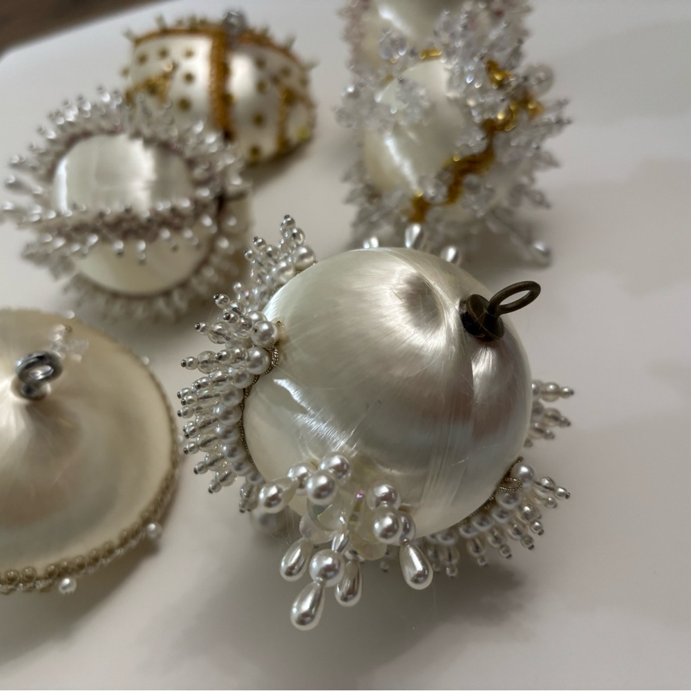 6 Elegant Pearl Bead Ornaments SATIN Hand Made MCM Heirloom one of a kind Vtg